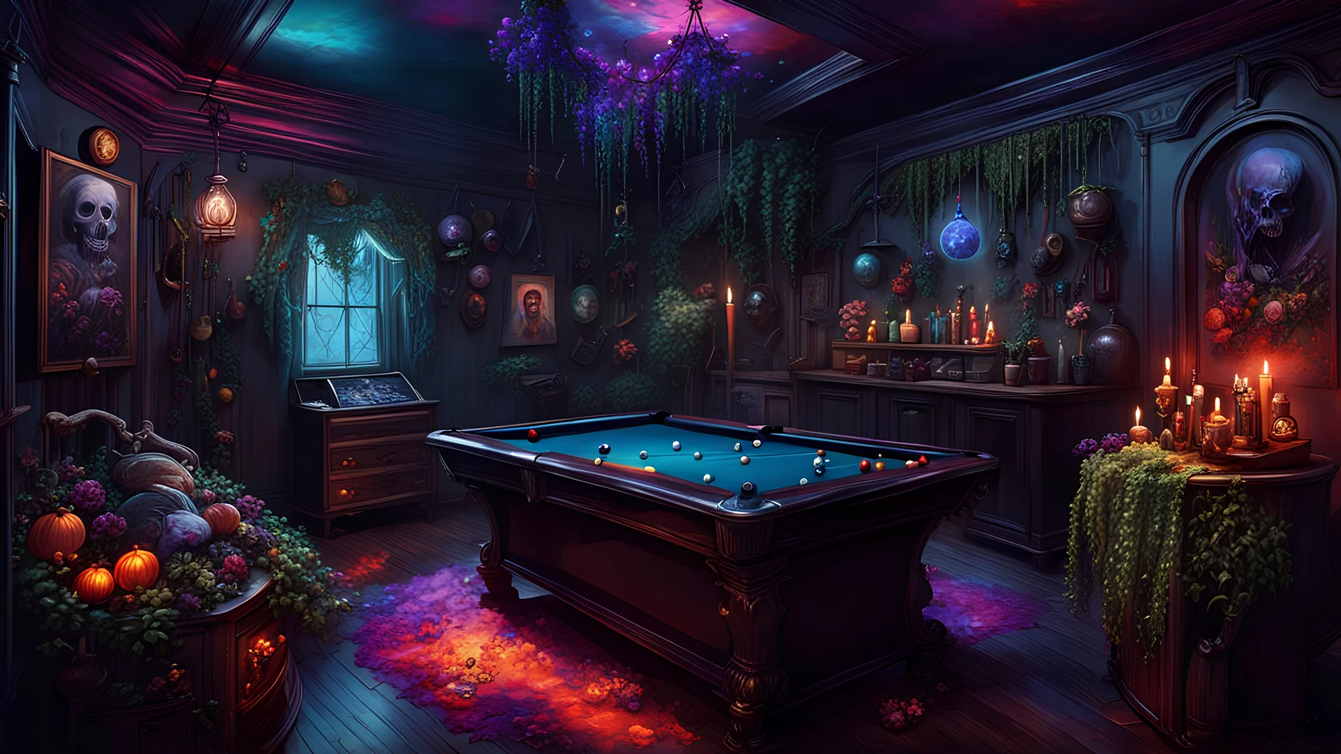 A gritty, full-body shot of an insatiably evil black opal iridescent pearlescent dark witchy game room with pool table and herbs and flowers and ivy hanging from the ceiling and walls, colorful macabre, Dariusz Zawadzki art style, liminal spaces, horror art, dark gaming background, wet, glossy, horror art, trypophobia, eerie, intricate details, HDR, beautifully shot, hyperrealistic, sharp focus, back lit, 64 megapixels, perfect composition, high contrast, cinematic