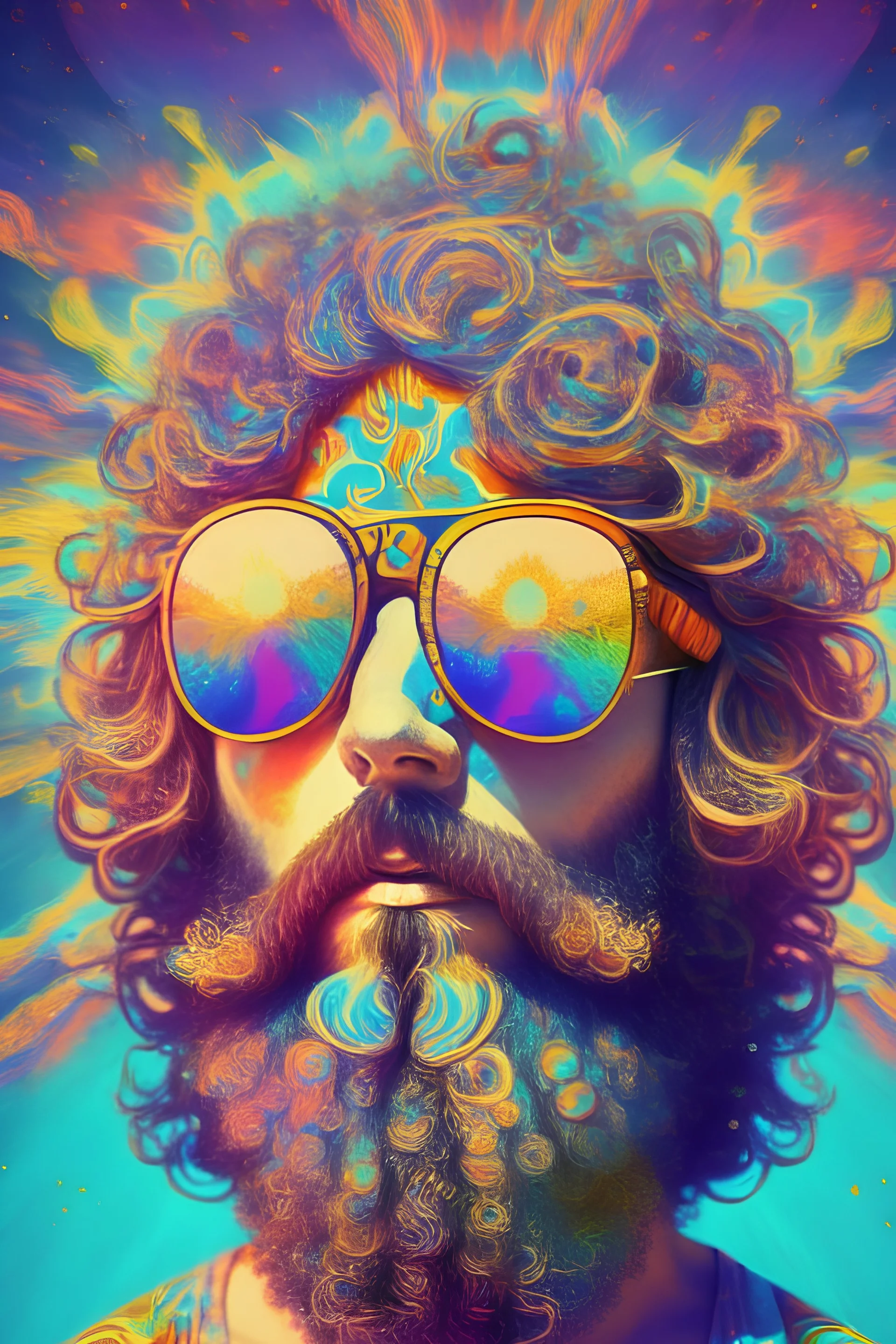 cosmic ugly hippie with sunglasses short hair and absurd beard psychedelic