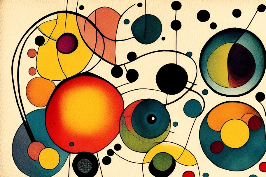 abstract in the style of Paul Klee with circles of colour and sketchy thin inky lines.