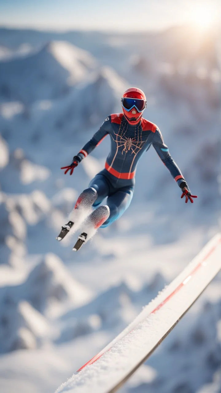 spider ski jumping with skies, bokeh like f/0.8, tilt-shift lens 8k, high detail, smooth render, down-light, unreal engine, prize winning