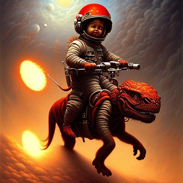 1yo little boy is on safari on the moon. riding on the red dinosaur bike. he has big and a funny hat. High detailed. Cinematic. oil on canvas painting. Warm lights. beksinski