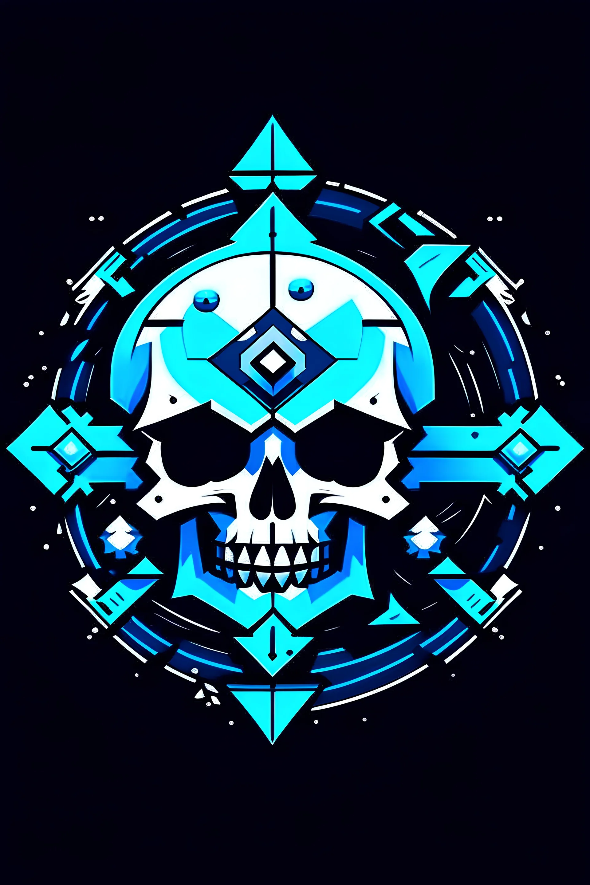 An 8-bit style symmetrical logo featuring a pirate skull and compass with a blue glow.