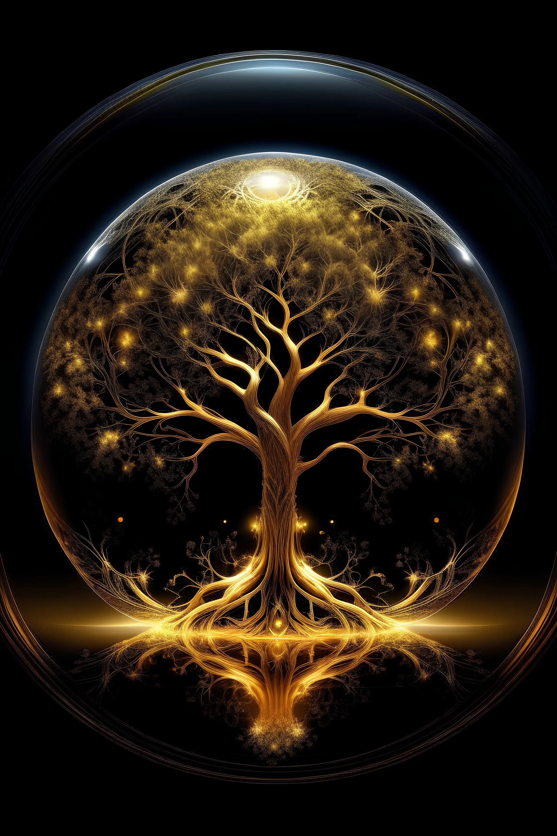 A tree lit in the dark, golden sacred tree, Tree of Life, intricate, its crown within a translucent crystal sphere, Cosmic tree of life, beautiful light upwards, Seed of Doubt, master piece