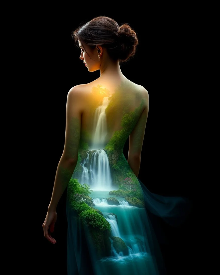 Digital art | Woman with a landscape painted on her back | Deep black background | Full-body portrait, graceful pose | Ethereal, glowing lighting | cascading waterfall; lush greenery; dreamlike harmon