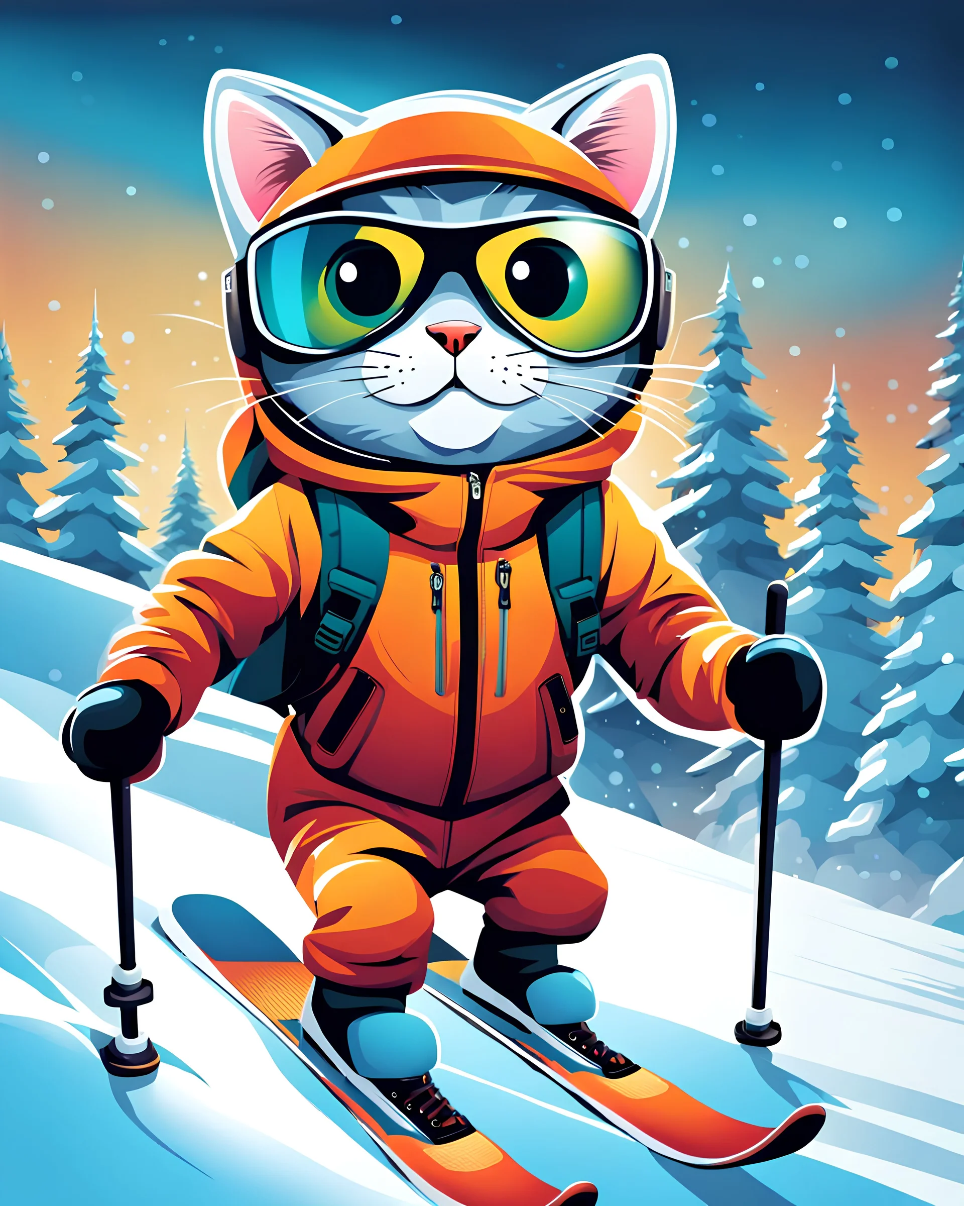 Hermosa ilustración coloreada arte graffiti de un gato antropomorfico con traje de esquiador, esquiando en la nieve, calidad ultra, hiperdetallado,12k