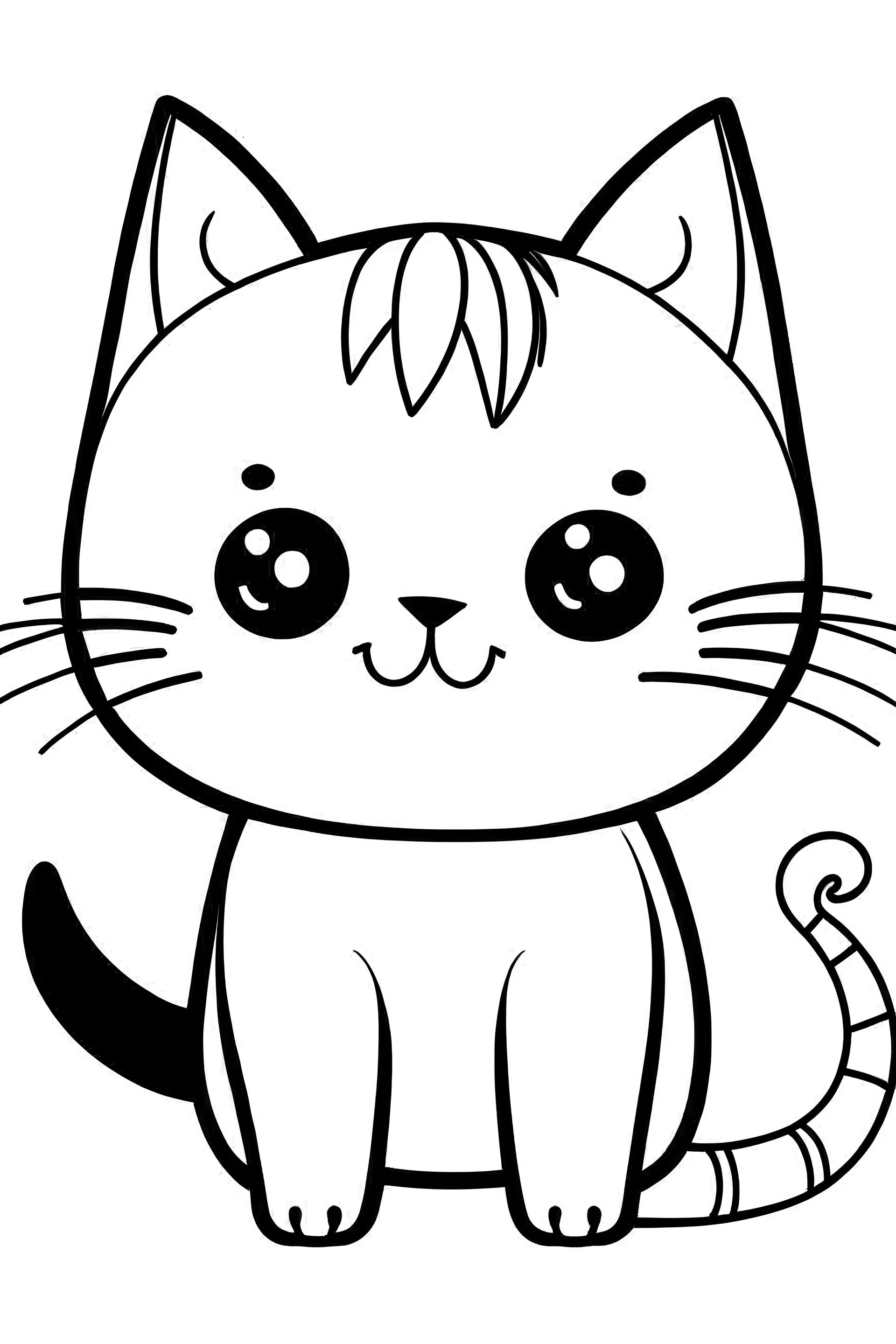 Prompt: Create a description of a cute male Kawaii cat with a black and white coat portrayed against a white background with clean lines. Design a coloring page appropriate for children to engage and color, emphasizing the cute features of the cat and the simplicity of the design for easy coloring.