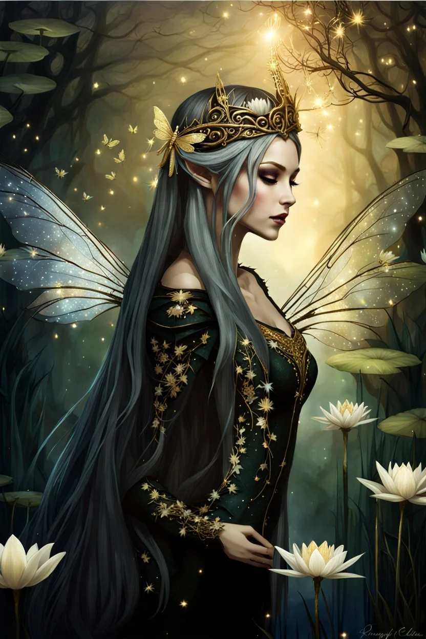 Blonde gold hair , dark gold ,dark Fairy wings,long hair,water lilies,dark fairy princess,nymph,elven crown,dragonflies,tiara,,gothic,glitter,rapunzel hair, very long hair, sparkle,night,