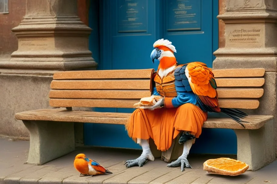 Half parrot half human in a 1700s Orange Dutch uniform siting on a bench in a Dutch city eating a loaf of bread