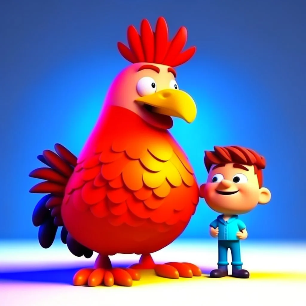 Ilustración estilo cartoon 3D de un niño con un gallo gigante