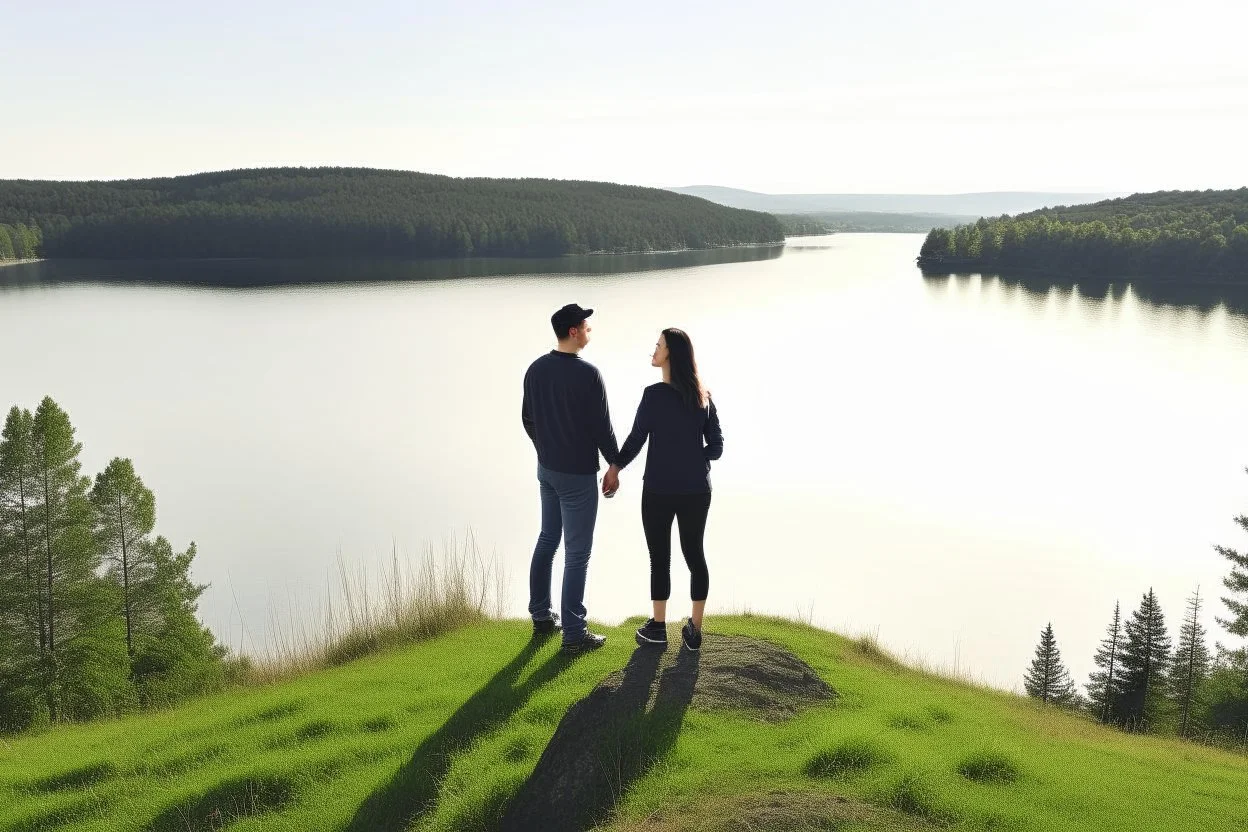 An image of two people exchanging criticism in a constructive and respectful manner, standing on a hill with a lake behind them