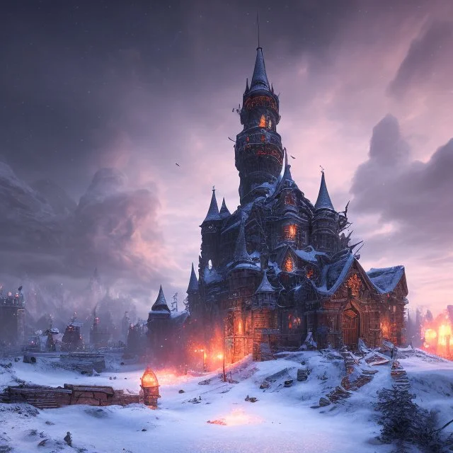 Intricately detailed, Unreal Engine, deep color, dynamic lighting, nightsky, blue, black, fields, abandoned buildings, ruins, cottage, gothic castle, metal, gold,