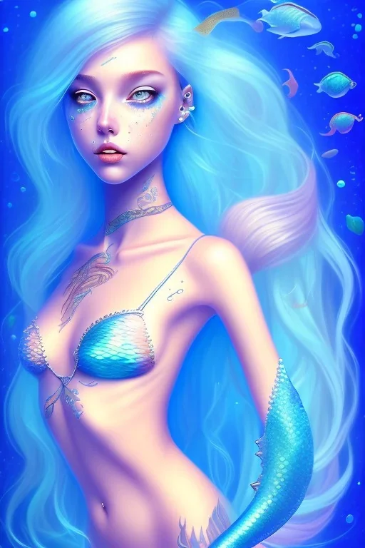 girl, cute, beautiful, mermaid, blue hair, underwater, glitter, perfect anatomy