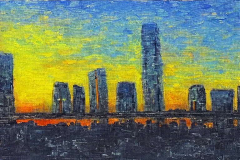 Sunset, futuristic buildings near trees, highway, people, sci-fi, tendency to impressionism, realistic painting