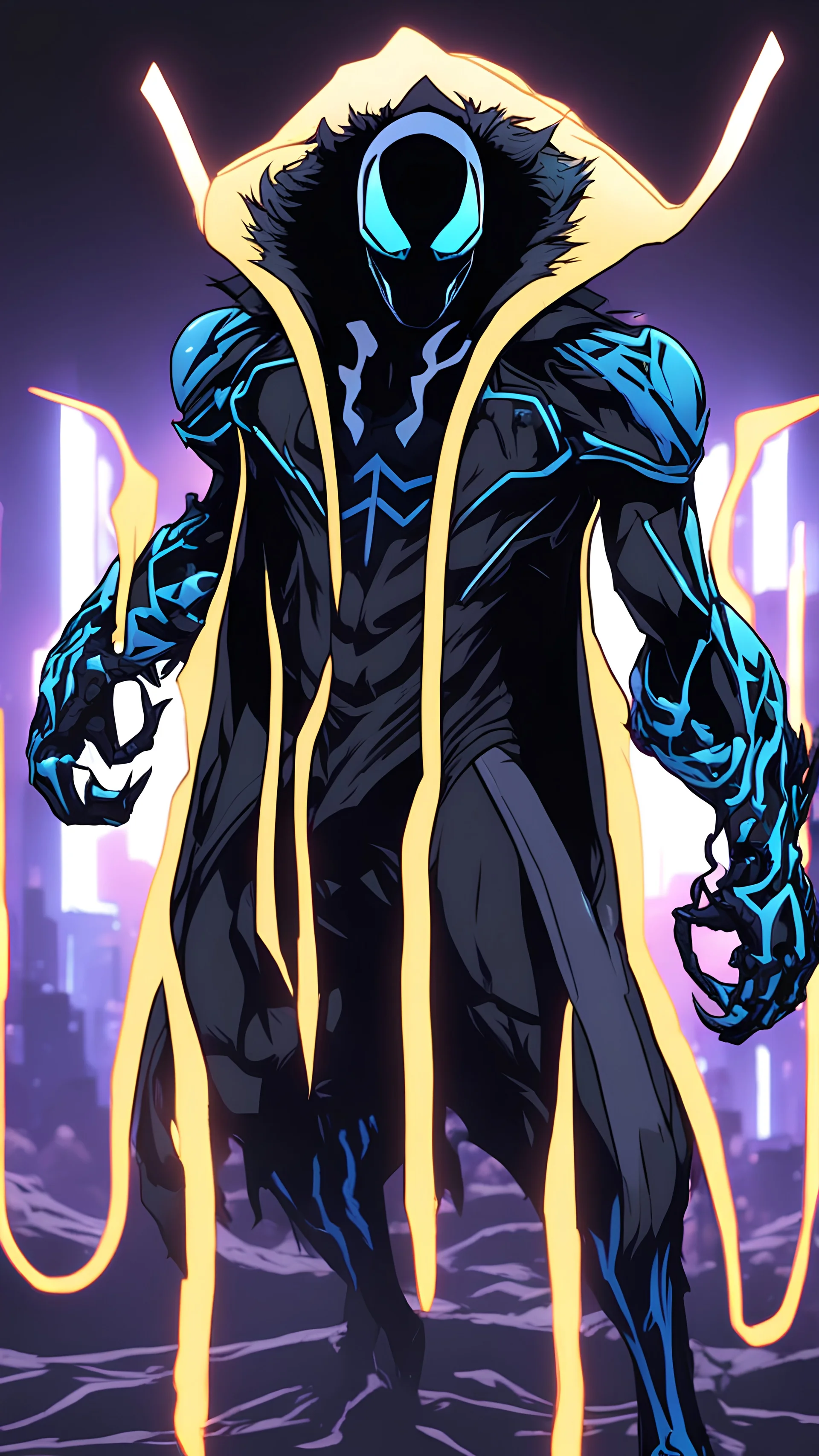 Mix between venom symbiote and Reaper in solo leveling shadow style with neon glowing blue