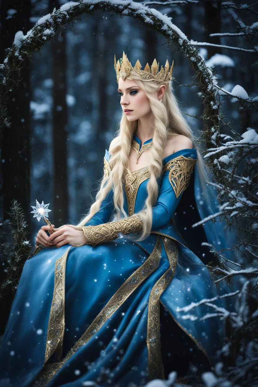 Elven princess,elven crown,long white blonde golden hair,rapunzel hair,ice flowers,beautiful,light blue,dark blue,golden armor,sparkle,glitter,ice flowers,snow,elven ears,dark fairy princess