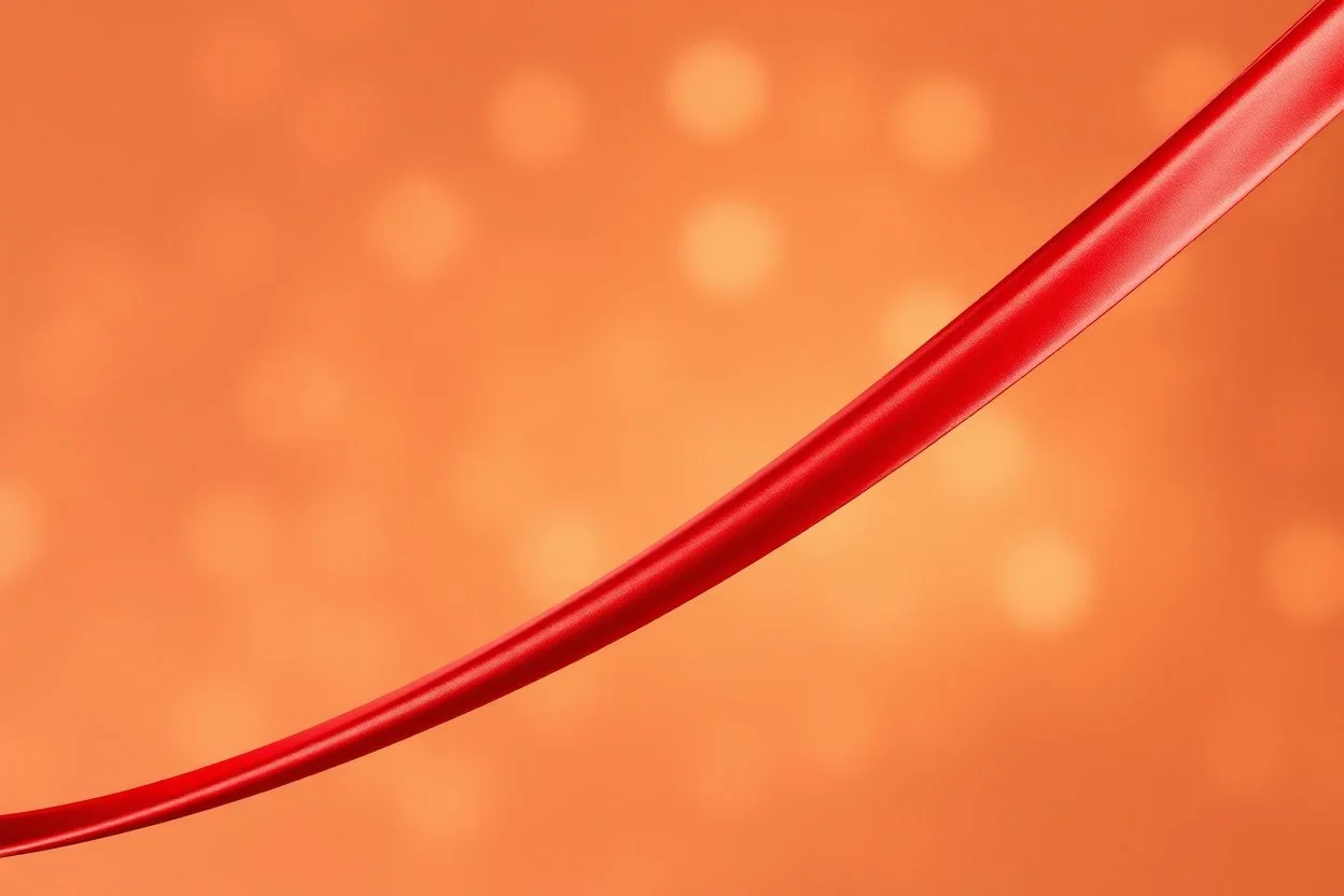 Minimalist abstract art of sweeping red silk-like ribbons with a metallic sheen. The diagonal composition is complemented by a background of ethereal golden bokeh. Soft ambient lighting emphasizes the smooth, polished curves and vibrant red tones. Sophisticated mood with a clean, high-end digital art style.