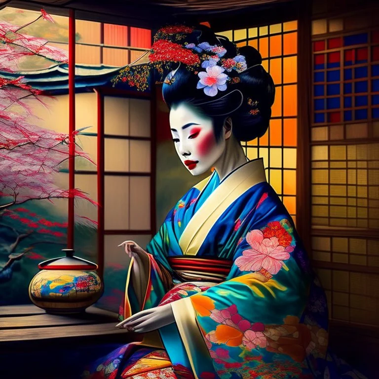 Generate an image of a beautiful geisha wearing a colorful kimono in a tea house