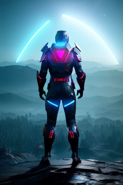 neon blue, floating triangle of light orbiting behind the back, cyber armor, geometric patterns on armor, male, orbiting triangle