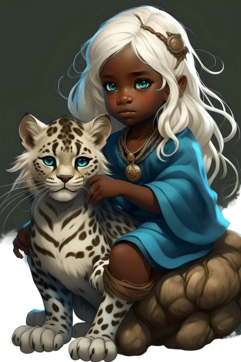 A cute eight-year-old sorceress, with dark skin, straight snow-white hair tied in a braid, with blue eyes, wearing a blue sorcerer gown, riding on the back of a giant furry leopard cat.