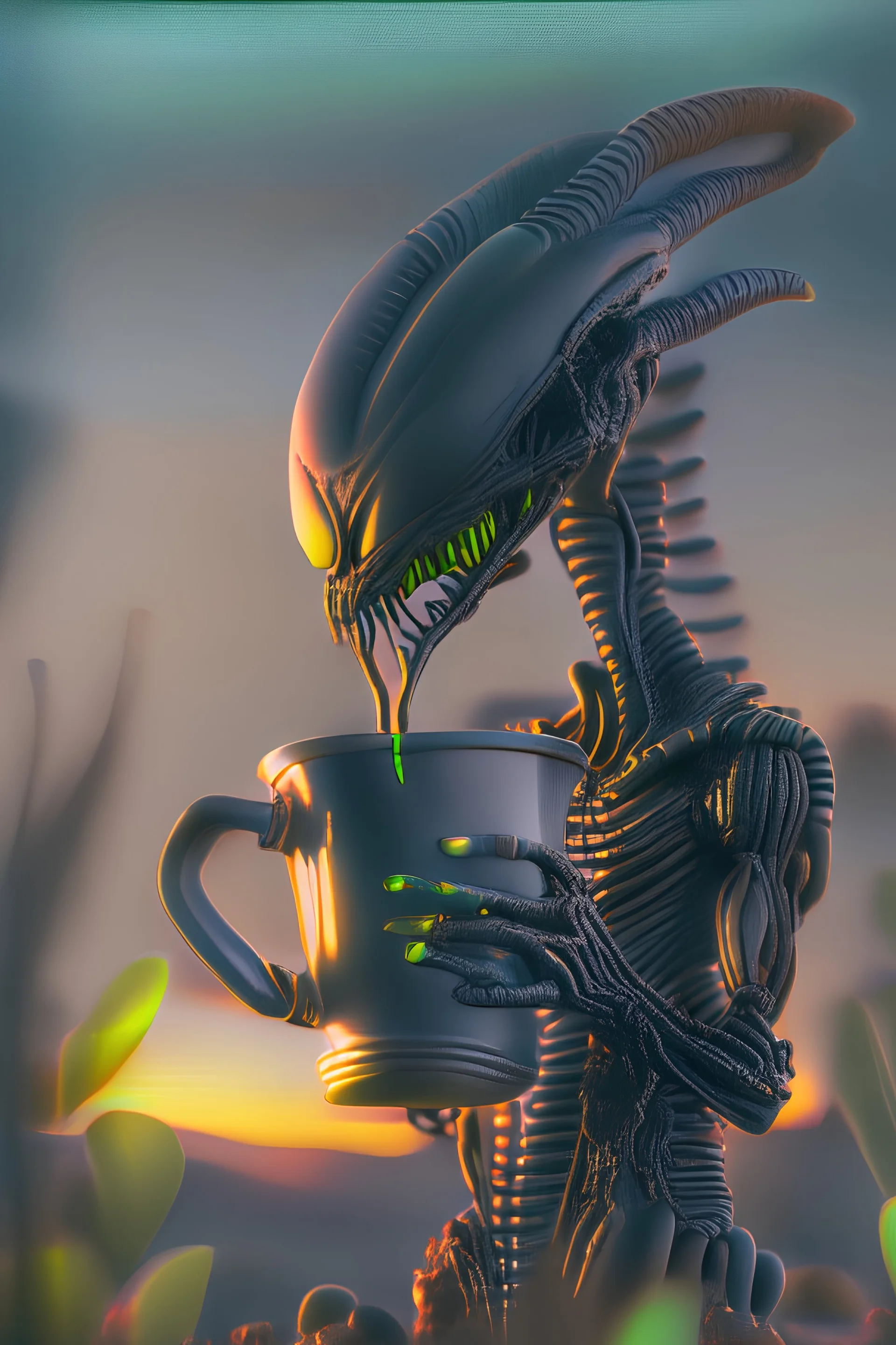 an extremely realistic highly-detailed 4k digital image of a lean black metallic xenomorph alien in the style of H R Giger, eyes closed, he holds a small brown clay cup that fits in his hand, dark color palette, a dark psychedelic landscape, thick dark green vegetation, tropical, long distance shot, 35mm, a blood red sunset lighting over the horizon, psychedelic haze, colours melt into one another, real painted jungle in the background, jungle plants all around