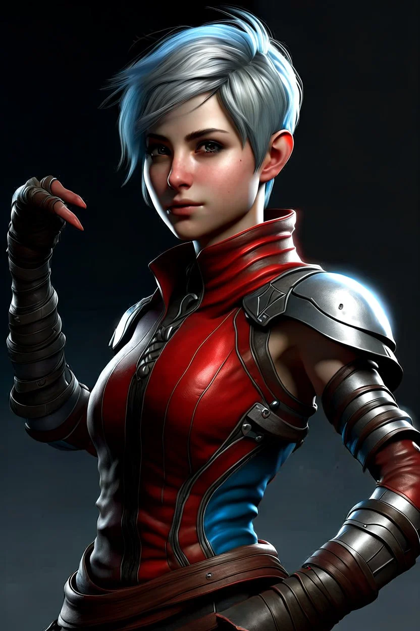 create a female air genasi from dungeons and dragons, dark gray short hair, light blue eyes, wind like hair, wearing red leather clothing, realistic, from waist up, digital art, high resolution, strong lighting