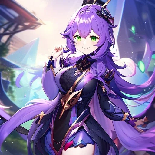 Clear focus,High resolution,High quality, Smiling, Purple long fluffy hair, Green eyes, Wearing a pink mech uniform, Honkai Impact Star Rail