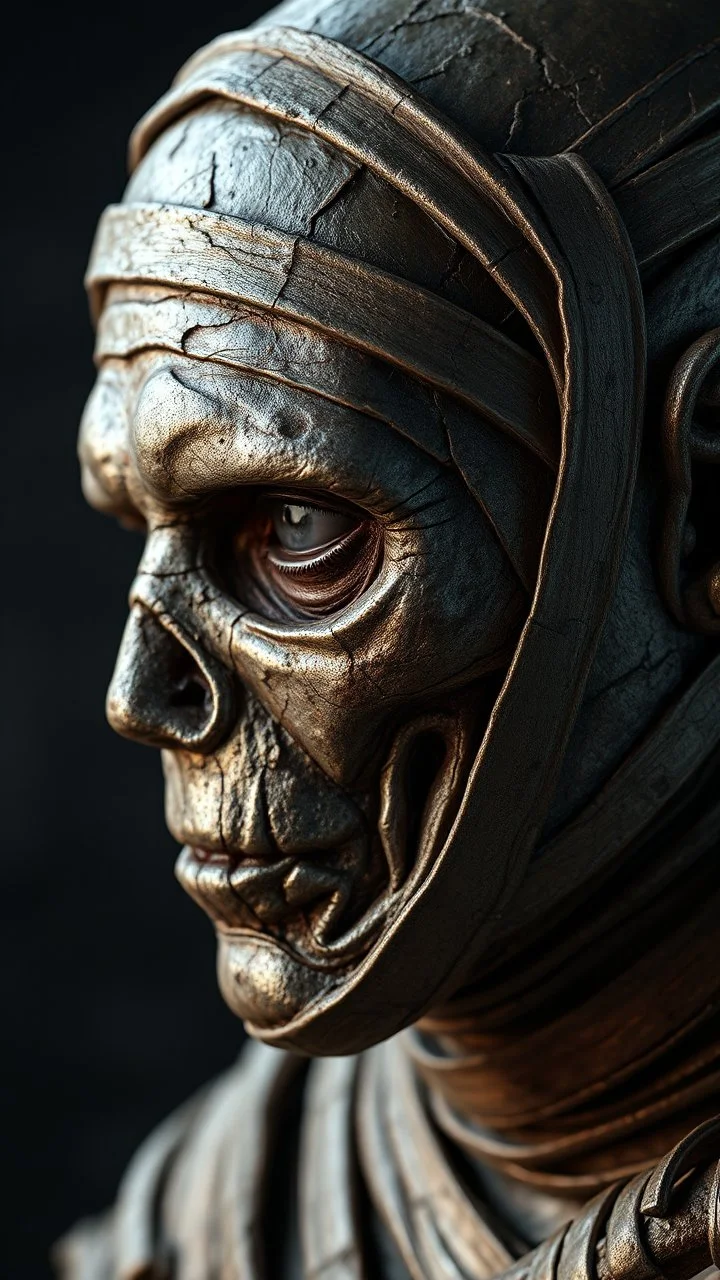 a side view of the mummy by his face skin is a rusted broken metallic skin texture in a 3d rendering full-height image of a grim and dark scene. Ensure the final images exhibit the utmost quality, encompassing 4K, 8K, and 64K resolutions, with 3D rendering that manifests in photorealistic, hyperrealistic, and highly detailed representations. Employ techniques such as HDR, UHD,