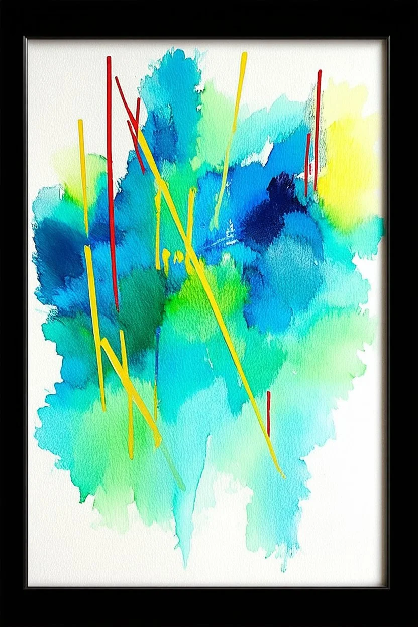 an abstract painting featuring a blend of flowing watercolour colors. Dominant shades of blue, green, and red create intriguing patterns across the canvas. Streaks of yellow intersect, forming geometric shapes. The painting is framed in a simple black frame. Its abstract nature invites various interpretations.