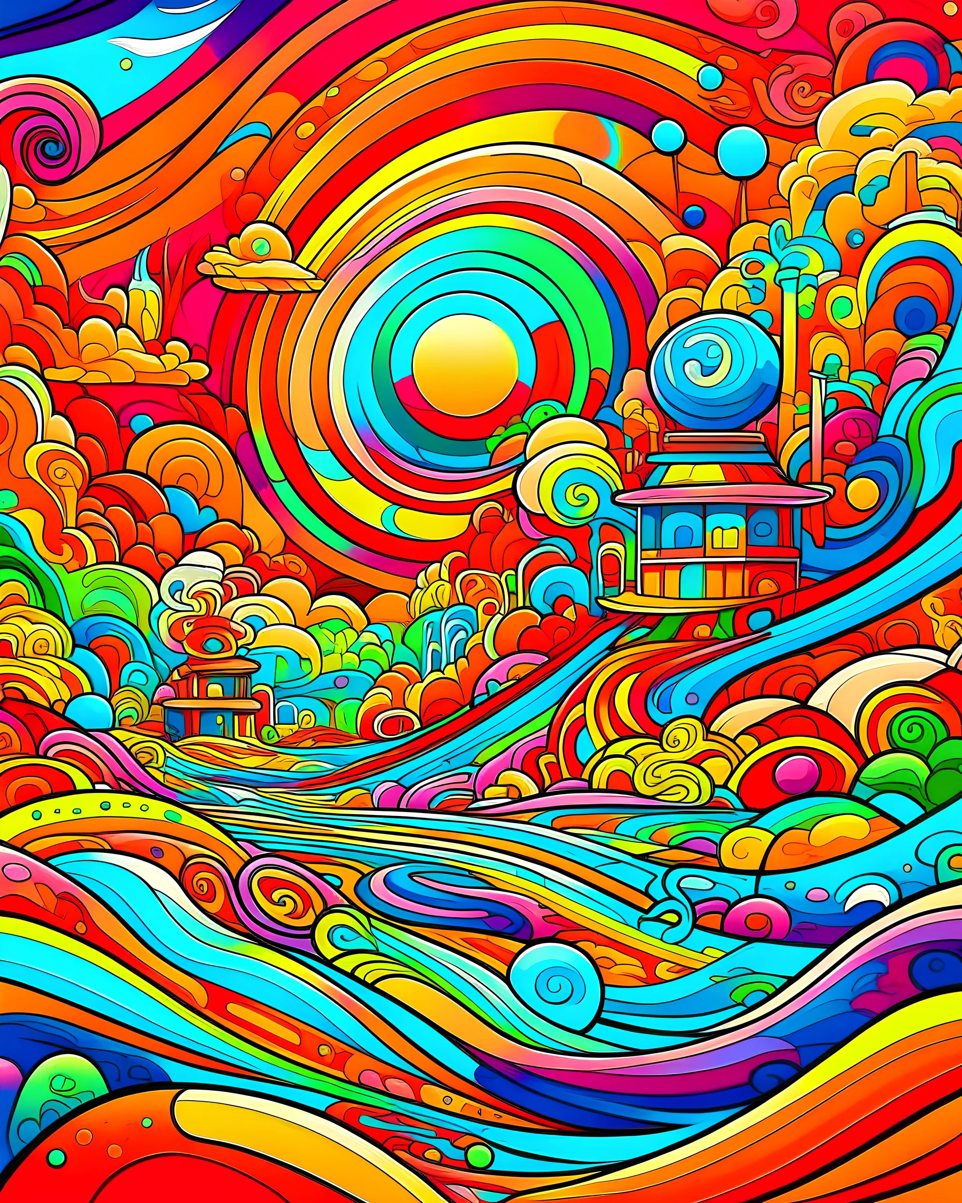 Between the lines of reality and dreams, cartoon style, thick lines, vibrant colors, intricate details, surreal