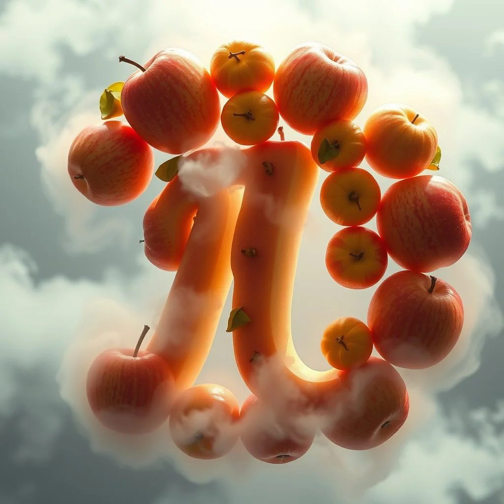 Intricately arranged apples forming the pi symbol, hovering in a delicate, ethereal mist, reflecting a soft, luminescent glow, reminiscent of anime-style 3D artwork, evoking the detailed, vibrant aesthetic of WLOP, Artstation, and pixiv artists, inspired by the stylized, high-fantasy world of Genshin Impact, rendered in ultrafine detail, with breathtaking precision, as if crafted by artists like Kuvshinov Ilya, Loish, or Ash Thorp, utilizing advanced V-Ray tracing techniques to achieve an unpara