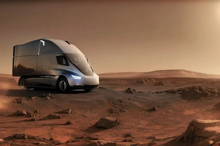 A Tesla 'Semi' (semi truck) is going at a high speed, at the Cydonia region on Mars. (CINEMATIC, WIDE ANGLE LENS, PHOTO REAL)