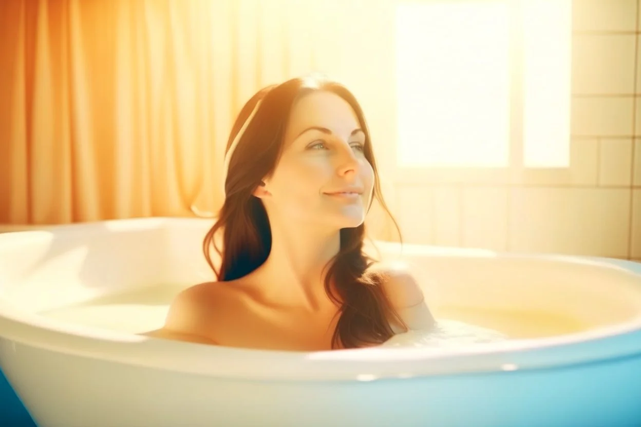 contented beautiful brunette in a big foam spa bathtube spa things, soft colors, in sunshine