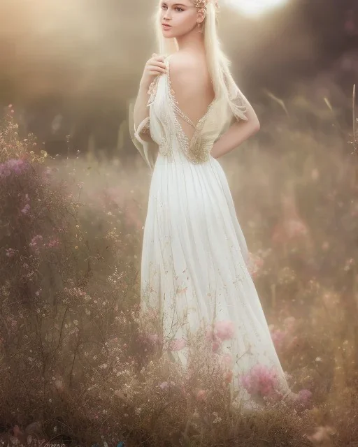 young elf woman, countryside, blonde braids, trees, fields, magic, motif, white dress, cinematic, forrest, happy, 3d art, alfons mucha, photography, smile