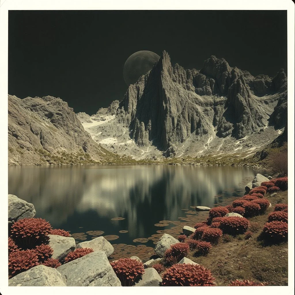 Sublime foto close-up polaroid ad alta definizione di una montagna rocciosa, un lago, surreale, colors, cityscape scifi, collage art, dadaism, sublime, splimapys nero, cielo nero, acqua nera riflette un sole nero, macabre piante circondano il lago, alghe, hypermaximalist, Max Ernst style, strangeness, intricate, hypnotic, obsessive, Yves Tanguy, 8k, deep 3d field, very accentuated details of the rocks and sht frn, eerie, artistic photo, shot on Hasselblad, large format film, medium format film