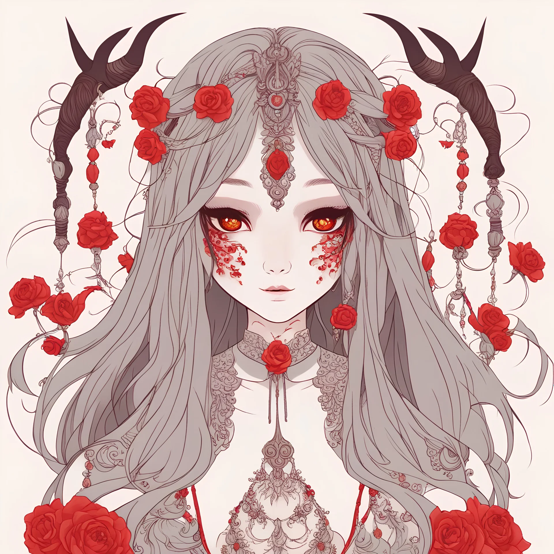 a beautiful demon girl, her dress is embroidered with red flowers and ornaments, she has long hair and dark eyes and horns