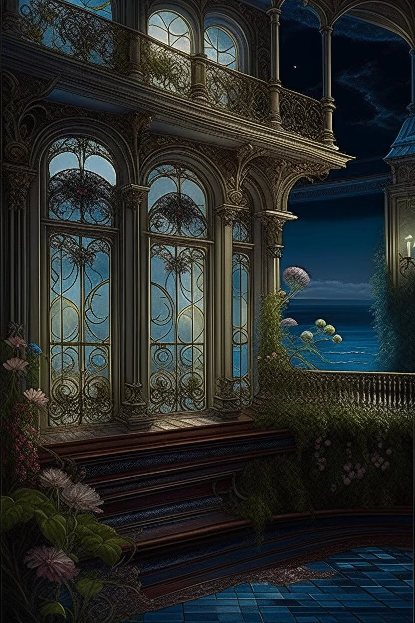 the balcony of the palace, moonlight, beautiful flowers, the surface of the water under the balcony like a mirror, mega-detailed drawing of small fine details, photorealistic drawing with colored pencil + pastel, ink, bright, botanical, fantasy, medieval atmosphere, cinematic, Art Nouveau, the camera is aimed at the object