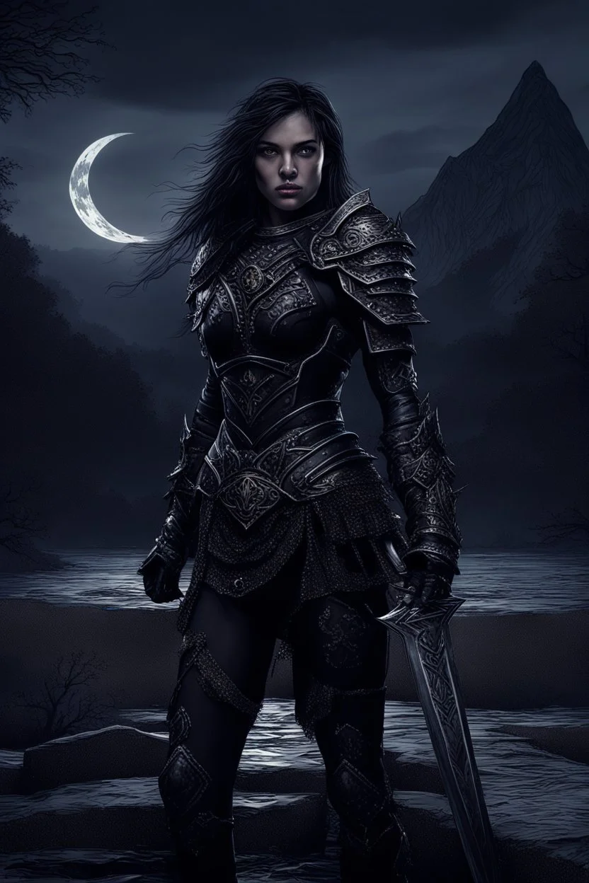 A formidable warrior girl in black armor, against the background of an amazing gloomy landscape, flooded with the light of two moons, mountains, trees, a fabulous scary landscape, juicy emotions, painting, dark fantasy, gloomy day, dark world, portrait, Gothic Town At Night, Fantasy, Intricate Details, Castle Courtyard Gardens, Hyper Detailed, by very detailed portrait mixing the fantastic muscular realism of Boris Vallejo, bringing together the artists Carne Griffiths, Wadim Kashin, Jose Royo,