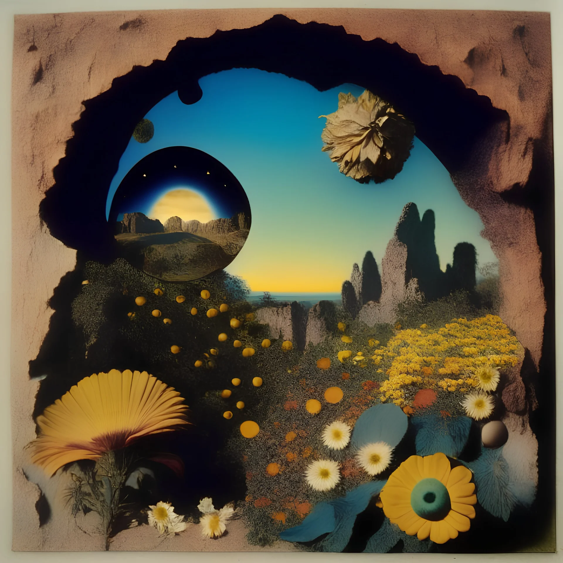 High definition polaroid photography of a marvelous landscape, trees, flowers, bas-relief, decal, giant sun, people wearing masks, intricate, rock formations, atmosphere of a Max Ernst painting, Henri Rousseau, thoughtful, Georg Trakl, interesting, appalling, smooth