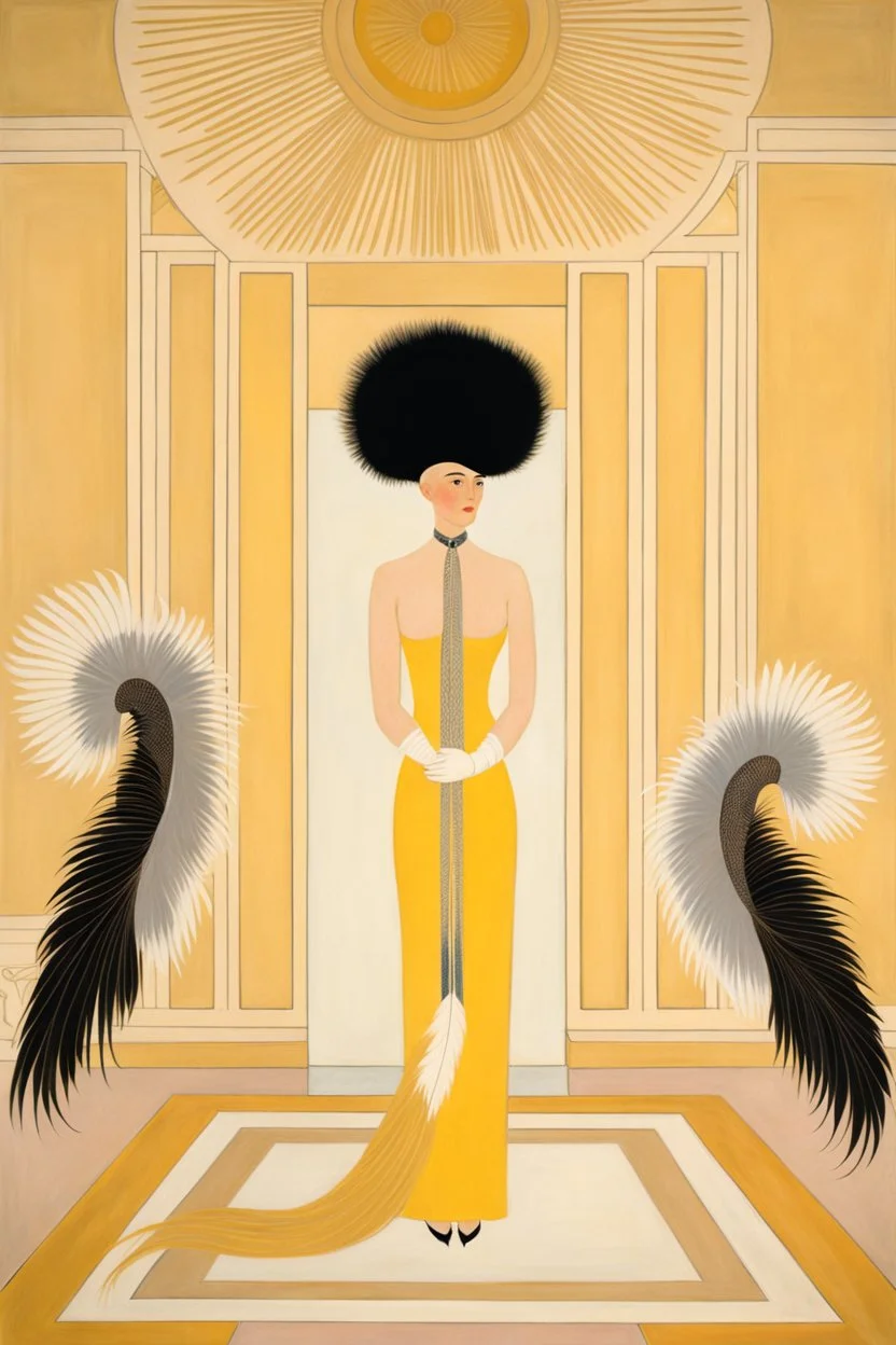 a woman with feathers in an Art Deco foyer by artist "Erté",by artist "Hilma af Klint"