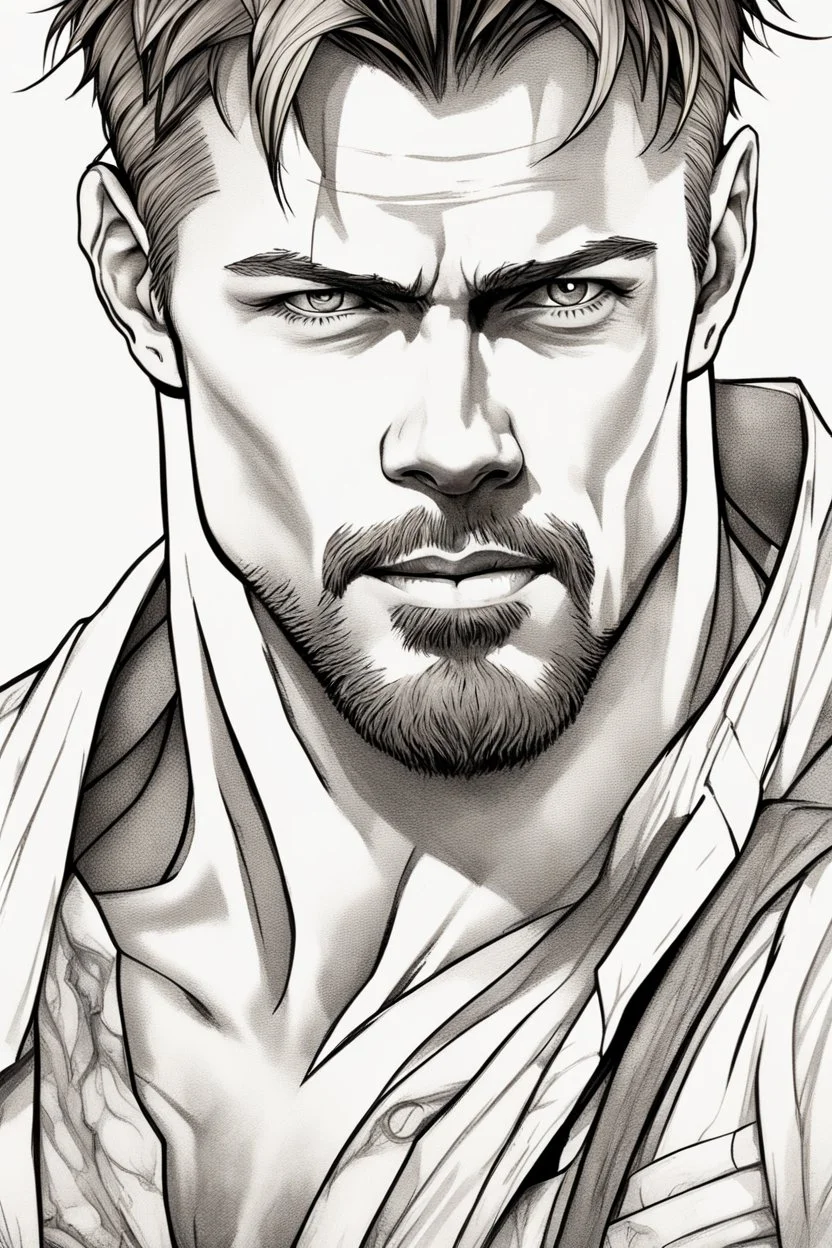 Portait Josh Duhamel as fantasy alpha male very muscular short cropped hair and rough beard, tribal tattoos wearing white button up shirt with rolled up sleeves realistic face, close-up, dark fantasy, fantasy forest, intricate details, hyper detailed, photograph