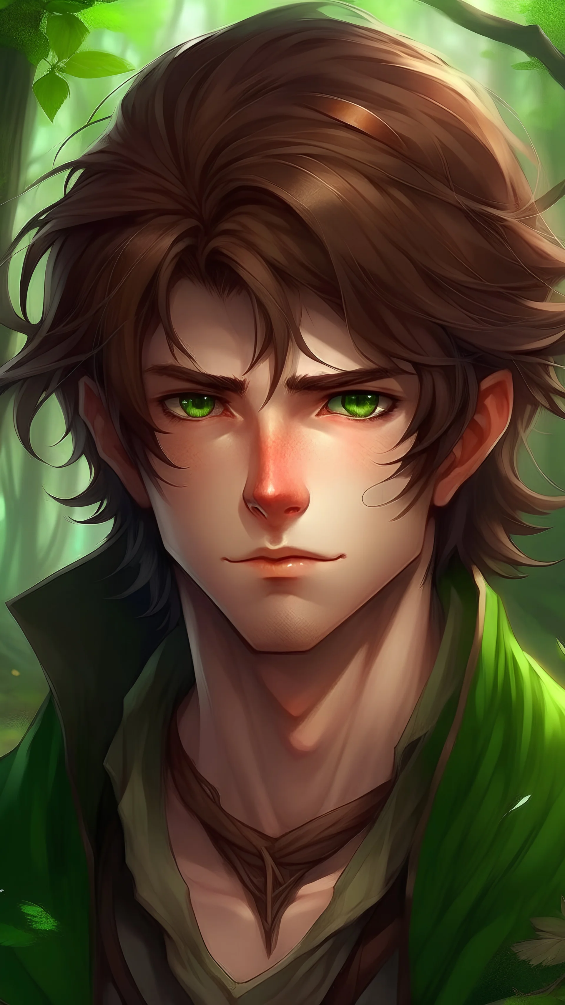 fantasy world, anime, half-elf 21 years old, man, brown messy hair , green eyes