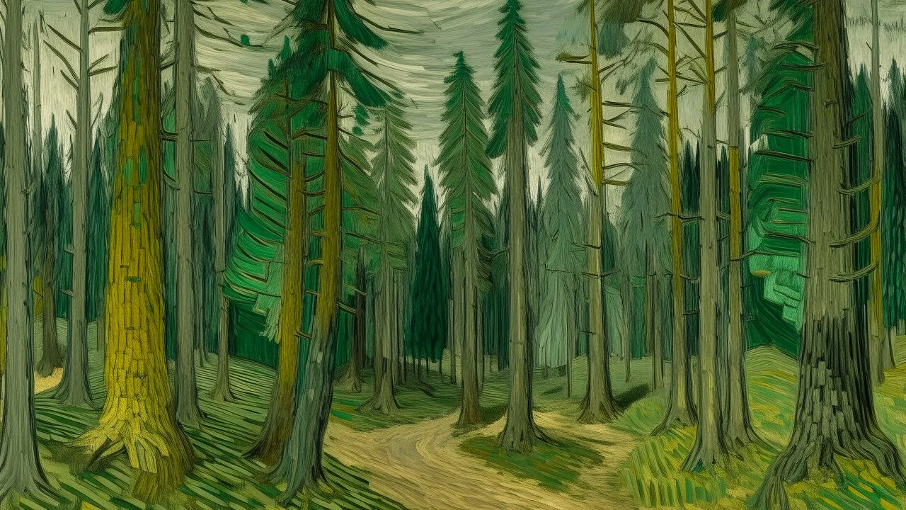 A greenish gray forest with evergreen trees painted by Vincent van Gogh