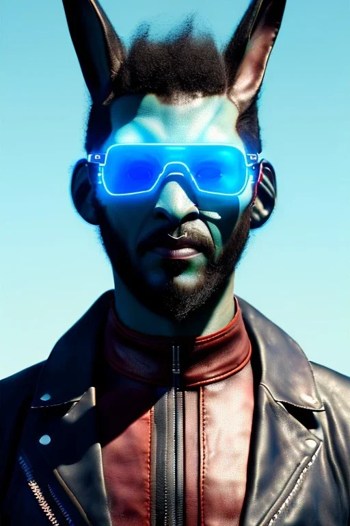 Medium Close Up Portrait, Front image. cyberpunk, rabbit mask, afro man, white Rasta hair. leather suit. White, blue, red, color. Akira style. Color background, photo studio. Avatar image, highly detailed, concept art, smooth, unreal engine 5, god rays, ray tracing, RTX, lumen lighting, ultra detail, volumetric lighting, 3d, finely drawn, high definition, high resolution.