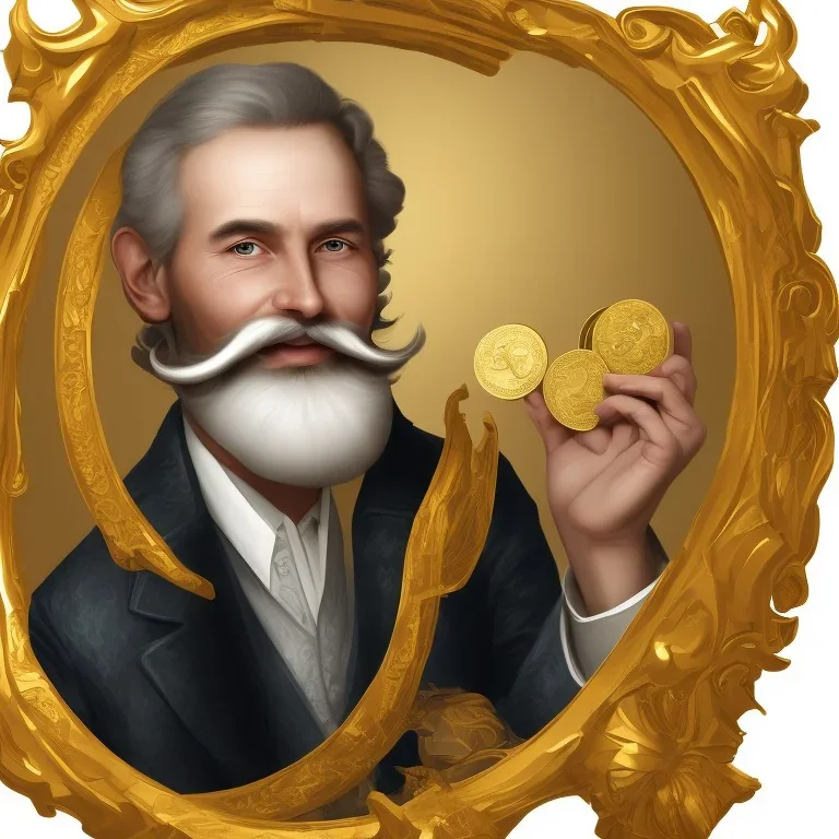 pompous man with white moustache holding a golden coin