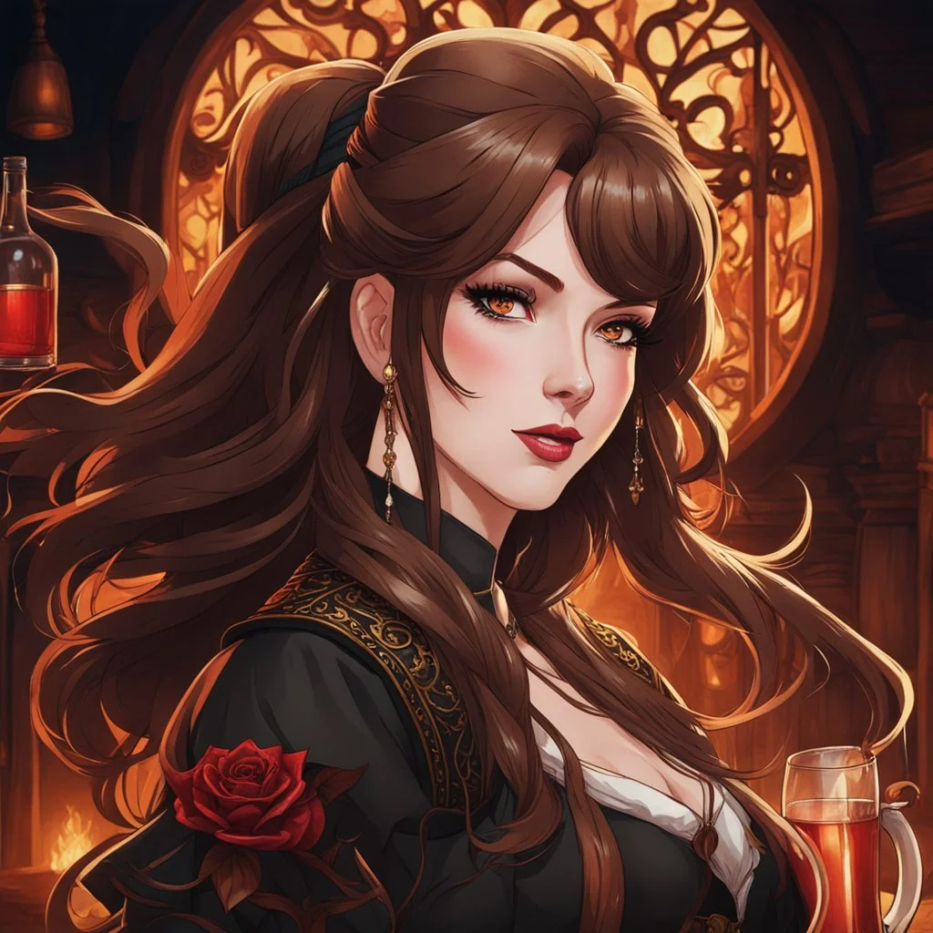 A young woman with pale skin and long brown hair in a fantasy tavern setting with intricate details. She is smirking, a tavern wench pouring a glass of whiskey, has intense red eyes, intimidating presence. High definition.