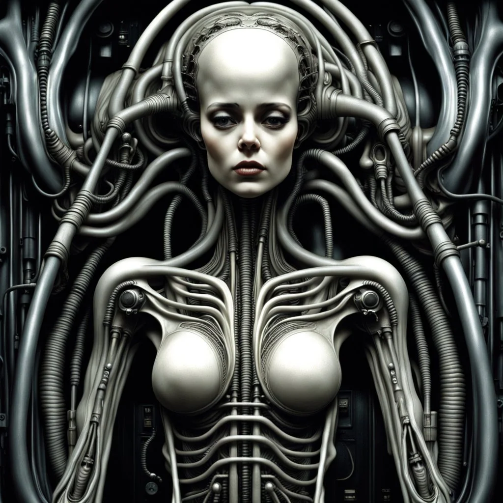 The biomechanical woman created by HR Giger, famous for his work on the Alien franchise, is a striking and surreal fusion of organic and mechanical elements. Her body is often depicted as a complex network of tubes, cables, and other mechanical components seamlessly integrated with her human form. The result is a truly unique and unsettling creature that blurs the line between man and machine. Giger's biomechanical women are often depicted in a state of eerie calm, their features an unsettling m