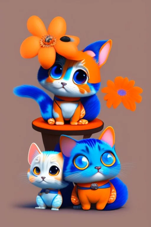 Blue and orange chibi pixar cats with big lifelike eyes and flowers