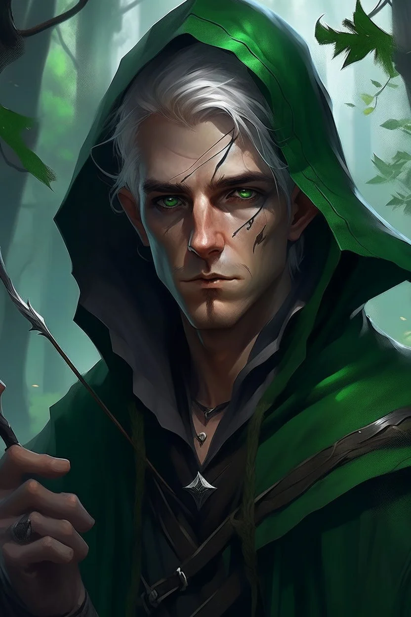 Portrait of male rogue elf, hooded Mauve hair, bright green eyes, disheveled, smoking cigarette, bow and arrow, black leather clothes, hiding, trees