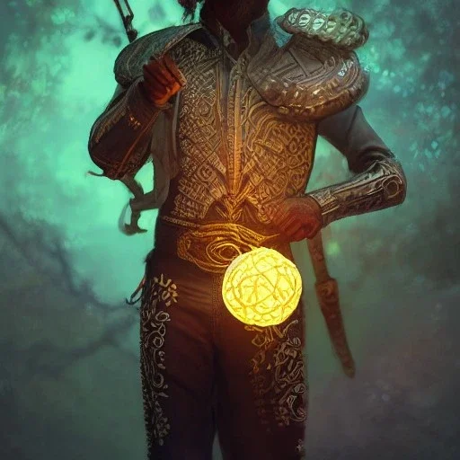 Insanely detailed photograph of an “male mariachi warrior holding glowing D20” with intricate detailed Sombrero, intricate charo, hyperdetailed painting by Ismail Inceoglu Huang Guangjian and Dan Witz CGSociety ZBrush Central fantasy art album cover art,8K, hdr, mysterious, flickeringlights ,Stoic