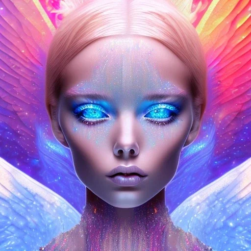 Face Angel crystalline,blond hair, blue eye ,pink , cosmic, opalescent, gemstones, crystals, other worldly,water,bright, ice background, snow lake blue